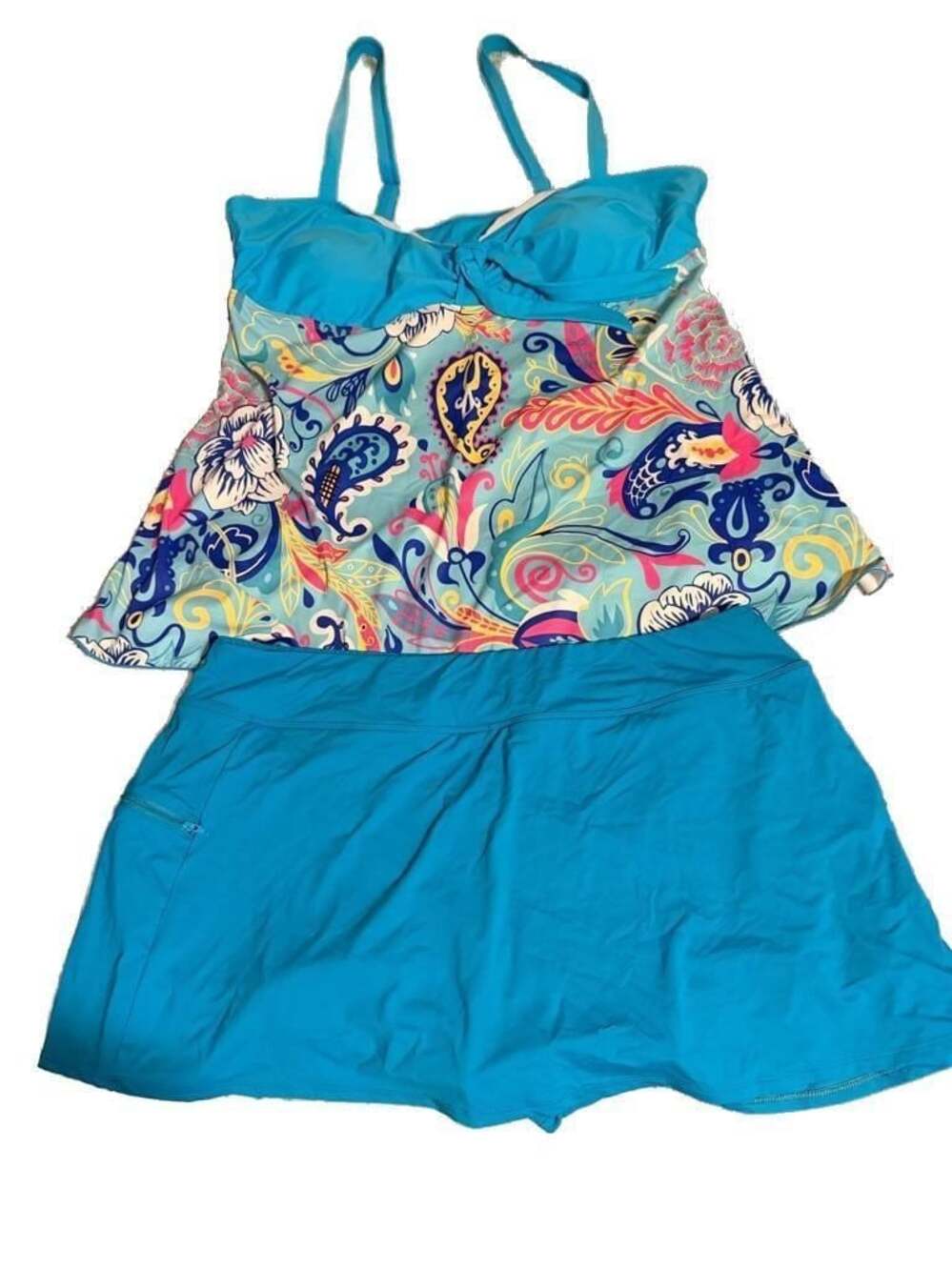 Beach House Women's Paisley Print Tankini Top and Solid Blue Skirted Swim Bottom